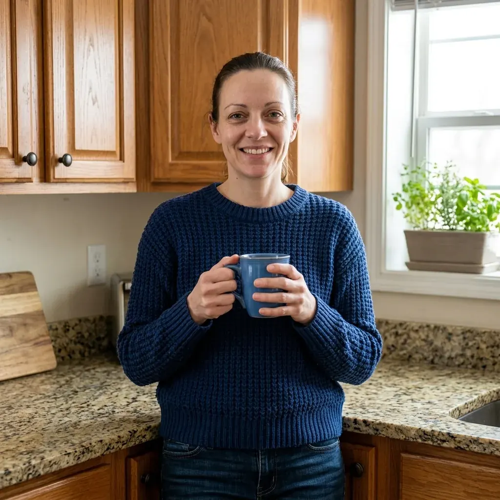 A woman in a kitchen holding a mug