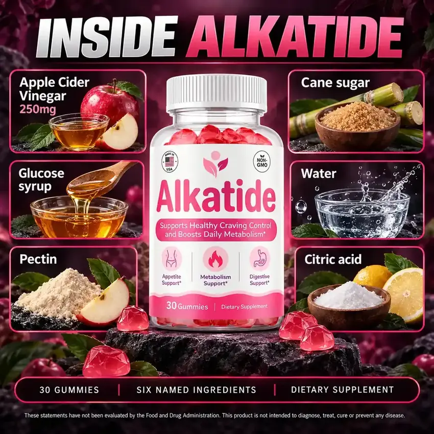 AlkaTide listing graphic naming the six ingredients around a bottle: apple cider vinegar, cane sugar, glucose syrup, water, pectin and citric acid